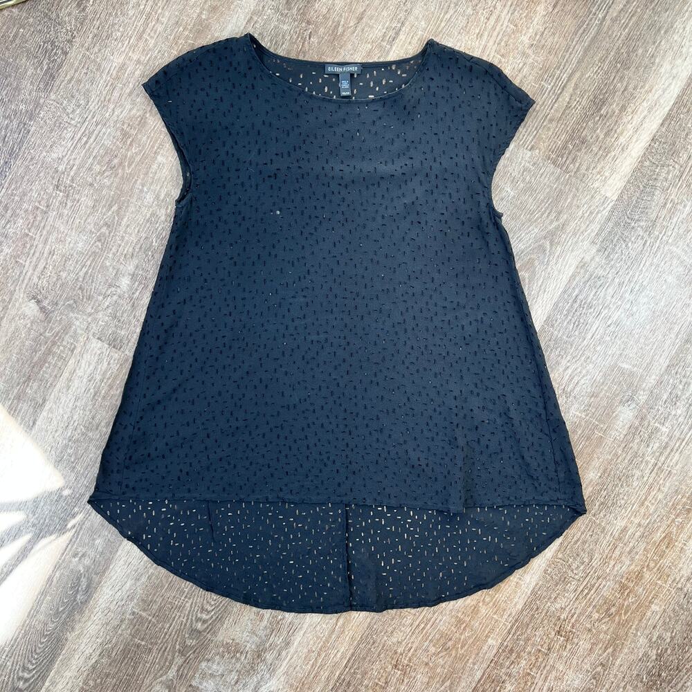 Eileen Fisher Black Confetti Laser Cut Silk Ballet Neck Top